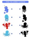 Find the correct shadow. Kids educational game. Cartoon animal: lobster, jellyfish, octopus, narwhal.